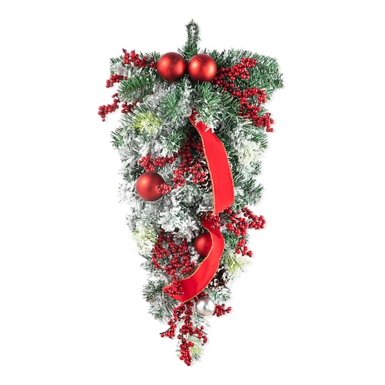 Glitzhome® 25" Flocked Berry, Ornament & Pinecone Ribbon Teardrop | Michaels®